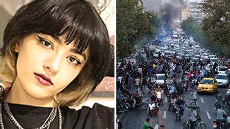16-vuotias Nika Shakarami kuoli syyskuun lopussa. Oikealla mielenosoituksia Teheranissa syyskyyn 21. päivä.