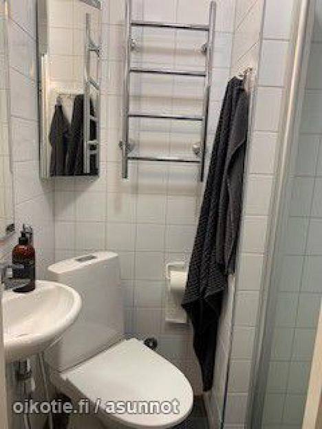 Asunnossa on pieni kylpyhuone, jossa on lasiseinällä erotettu suihku.