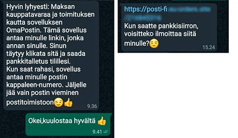 Huijari lähestyy myyjää usein WhatsApp-viestillä. Suomen kieli ei ole aina täydellistä, mutta hyvääkin kielioppia on nähty.
