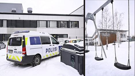 Poliisiauto Vesalan koulun edustalla 8. maaliskuuta.