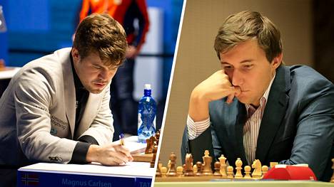 Magnus Carlsen (vas.) on pöyristynyt kilpakumppaninsa Sergei Karjakinin kommenteista.