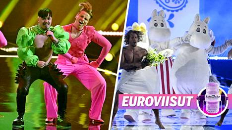 Euroviisujen väliaikashow’ssa yleisöä viihdyttävät sekä Käärijä että muumit.