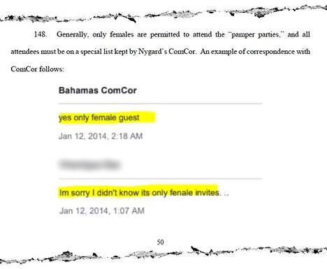 Bahamas ComCor viittaa Nygårdin ja tämän yritysten palkkaamiin ihmisiin, jotka muun muassa järjestivät kuljetuksen hemmottelujuhliin, joukkokanteessa väitetään.