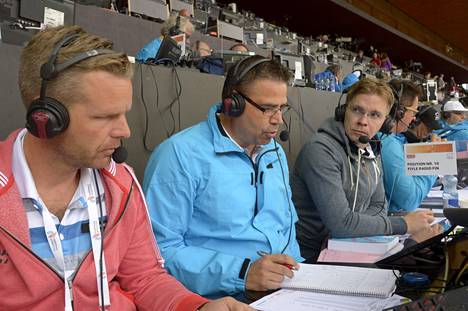 Jussi Eskola (vas.), Mika Lehtimäki ja Niki Juusela yleisurheilun EM-kisoissa 2014.