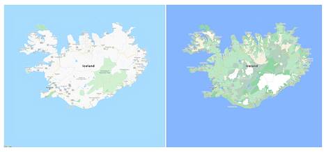 Islanti Google Maps -näkymässä nykyisessä ja tulevassa ulkoasussaan.