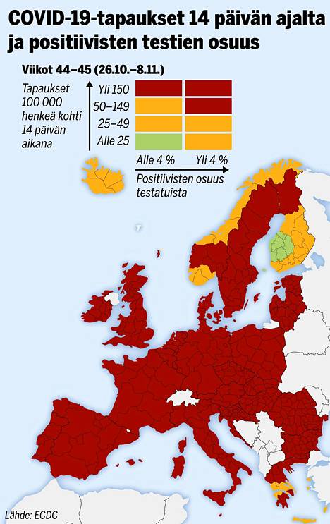 Euroopan koronakartta hohkaa tulipunaisena – joukosta erottuu vain pieni  vihreä Länsi-Suomi - Kotimaa - Ilta-Sanomat