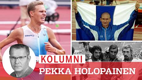Pekka Vasala (alh. oik.), valmennuspäällikkö Seppo Nuuttila ja Lasse Viren juhlivat olympiavoittoja Münchenissä 1972, jossa Janne Holmen voitti 2002 EM-maratonin. Ensi elokuussa Suomen ykkösvaltteja klassikkostadionin EM-kisoissa on Topi Raitanen.