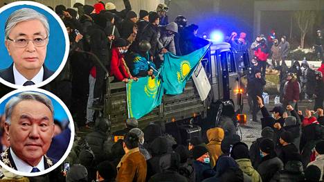 Osa Kazakstanin protesteista kohdistui ex-presidentti Nursultan Nazarbajeviin (alh. vas.). Nykyinen presidentti Kasym-Zhomart Tokajev on syyttänyt mielenosoituksista ulkomaalaisia militanttiryhmiä.