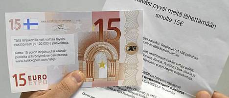 Rahapeliyritys Kolikkopelit.comin lähettämä markkinointikirje 1. kesäkuuta 2012. Kirje tarjoaa sivustolle 15 euroa pelirahaa.