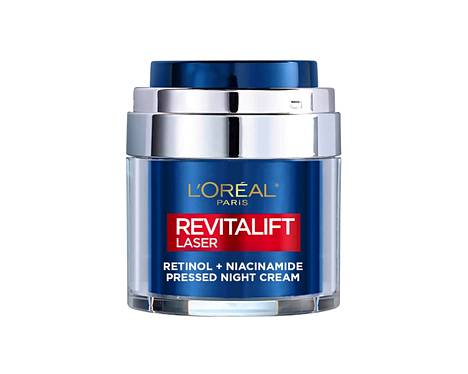 L'Oréal Paris’n Revitalift Laser Night Cream -yövoiteen sisältämät retinoli ja niasiiniamidi uudistavat ihoa unien aikana, 29,90 € / 50 ml.