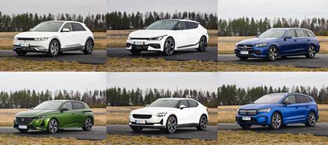 Mikä näistä on Vuoden Auto Suomessa 2022? Ehdokkaina ovat välivaiheen äänestyksen jälkeen Hyundai Ioniq 5, Kia EV6, Mercedes-Benz C-sarja, Peugeot 308, Polestar 2 sekä Skoda Enyaq.