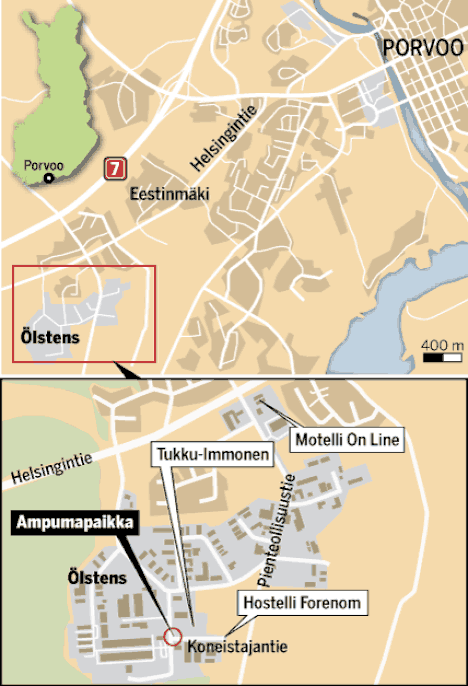 Poliisiampumiset tapahtuivat Porvoon Ölstensin pienteollisuusalueella. Epäillyt veljekset olivat majoittuneet karttagrafiikassa mainittuun Motelli On Lineen noin kahden kuukauden ajaksi.