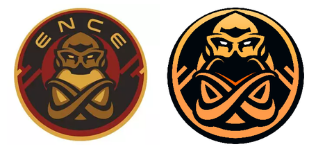 Vasemmalla ENCEn vanha logo, joka löytyy myös huijausvideosta ja -sivustolta. ENCE otti oikealla puolella näkyvän logon käyttöön elokuussa 2020.