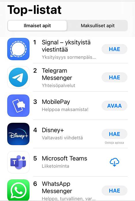 Signal- ja Telegram-pikaviestimet ovat Applen App Storen suosituimmat maksuttomat sovellukset tällä hetkellä. Kuvakaappaus App Storesta.