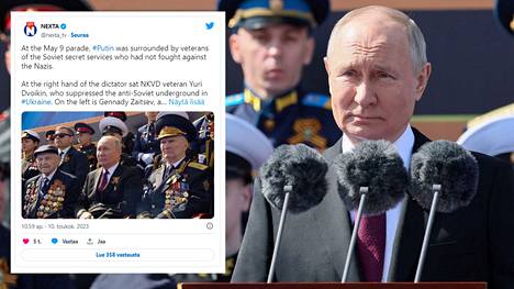 Vladimir Putinin molemmin puolin Punaisen torin katsomossa istui turvallisuuspalvelu KGB:n veteraaneja. Twiitissä näkyvässä kuvassa Putinin vasemmalla puolella on lippalakissaan Juri Dvoikin ja oikealla koppalakissaan Gennadi Zaitsev.