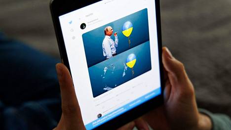 Sosiaalisesta mediasta löytyvä Putin ja ilmapallo -meemi kuvattuna tabletin näytöltä 21. helmikuuta 2022.