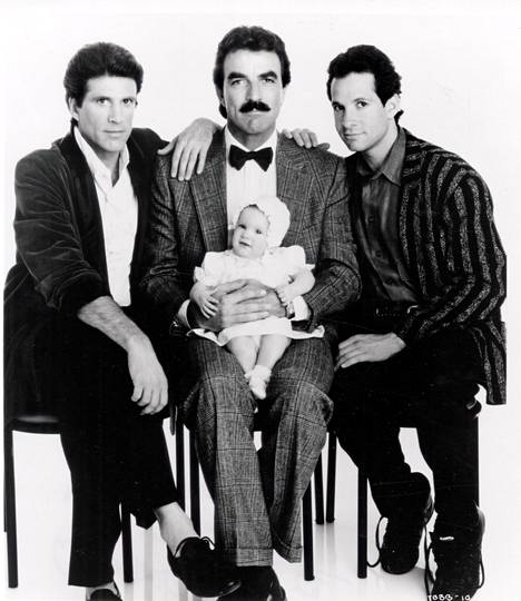 Steve Guttenberg (vas.), Tom Selleck ja Ted Danson kuvattuna elokuvassa Kolme miestä ja baby.