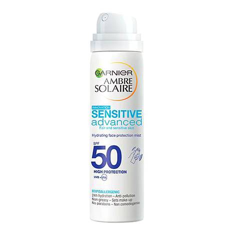 Garnier Sensitive Advanced Hydrating Face Protection Mist SPF 50 -aurinkosuojasuihke on hypoallergeeninen ja sisältää sekä UVA- että UVB-suojan. 13,90 € / 75 ml.