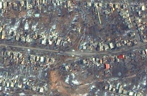 23. helmikuuta otettu satelliittikuva näyttää Bahmutin tuhojen laajuuden. 