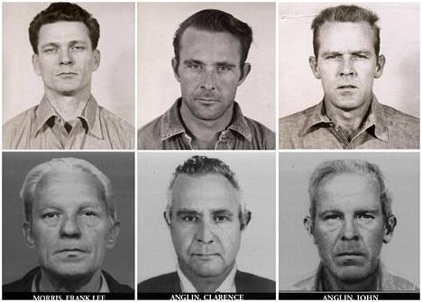 Alcatrazista kadonneet Frank Morris (vas.), Clarence Anglin ja John Anglin vankilakuvissa yli 50 vuotta sitten. Miehistä on tehty myös kuvankäsittelyllä ”vanhennetut” kuvat etsintäkuulutusta varten, vaikka heitä ei ole enää aktiivisesti etsittykään.