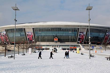 Shahtar Donetskin kotistadion Donbass-areena tammikuussa 2022. Seura ei ole voinut pelata stadionillaan toukokuun 2014 jälkeen.