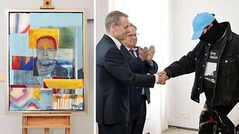 Jan Vapaavuoren (vasemmalla) muotokuvan teki taiteilija nimeltä EGS (oikealla). Yksi hänen teoksistaan oli myös Vapaavuoren työhuoneessa tämän ollessa pormestari. Taustalla taputtaa Juhana Vartiainen.