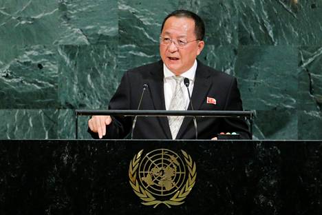 Ri Yong-ho puhuu YK:n yleiskokoukselle New Yorkissa 23. syyskuuta 2017.