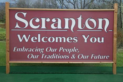 The Welcome to Scranton sign is located at the mall today.