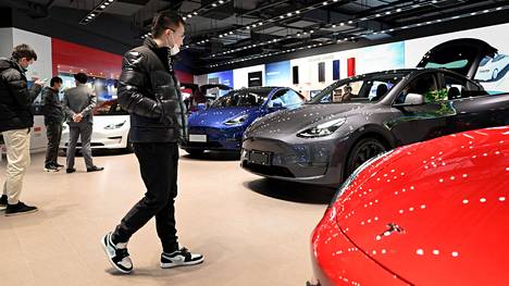 Kuluttajat tutkivat Tesla Model Y -autoja kiinalaisessa autokaupassa tammikuussa.