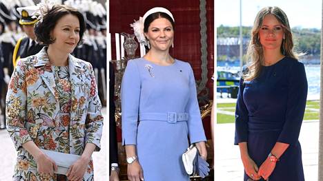 Jenni Haukio, kruununprinsessa Victoria ja prinsessa Sofia edustivat Andiatan asuissa.