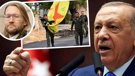 Tutkija Toni Alaranta (vas. ylh.), YPG:n taistelijoita Syyrian Kubanessa ja Turkin presidentti Recep Tayyip Erdogan.