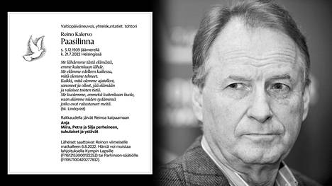 Reino Paasilinnan kuolinilmoitus julkaistiin Helsingin Sanomissa sunnuntaina 7.8.2022.