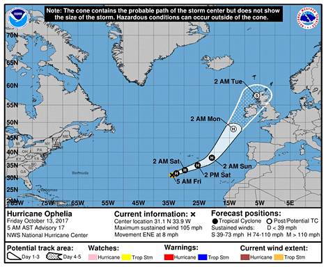 NOAA:n 13.10. julkaisema ennuste Ophelian reitistä.