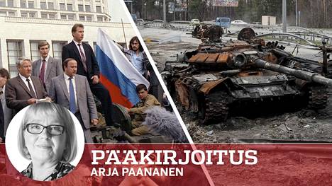 Panssarivaunut liittyvät Neuvostoliiton ja Venäjän kohtalonhetkiin. Vasemmalla Boris Jeltsin pitämässä kuuluisaa tankkipuhettaan Neuvostoliito hajoamisen loppuaikoina elokuussa 1991 ja oikealla tuhottu venäläinen panssarivaunu Ukrainassa keväällä 2022.