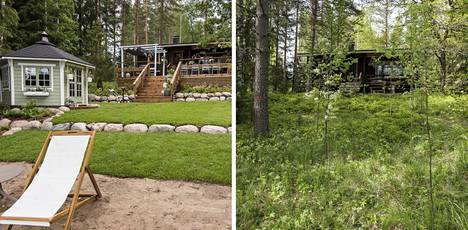 Ella Kannisen mökin piha koki melkoisen muodonmuutoksen Huvila ja Huussi -ohjelmassa. Vasemmalla kuva lopputuloksesta ja oikealla kuva pihasta ennen remonttia.
