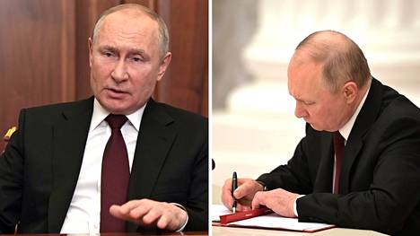 Vladimir Putin allekirjoitti puheensa lopuksi tunnustukset separatistialueiden itsenäisyydestä.