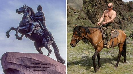 Kuva vasemmalla: Ratsastava Pietari Suuri Pietarissa. Tunnetaan myös Pronssisoturina. Oikealla: Ratsastava Vladimir Putin. Tunnettu kuva paljaasta ylävartalosta.