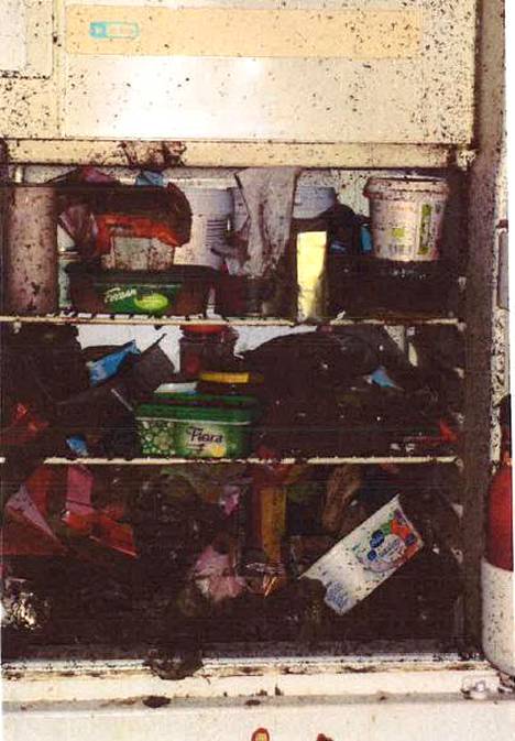 Jääkaapista otetusta kuvasta ilmenee, että ruoka-aineet olivat voimakkaasti pilaantuneita. Jääkaapissa oli myös huomattava määrä hyönteisten toukkia.