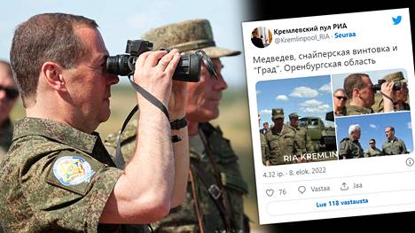 Dmitri Medvedev kuvattuna kiikaroimassa Totskin harjoituskentällä Orenburgin alueella 5. elokuuta. 