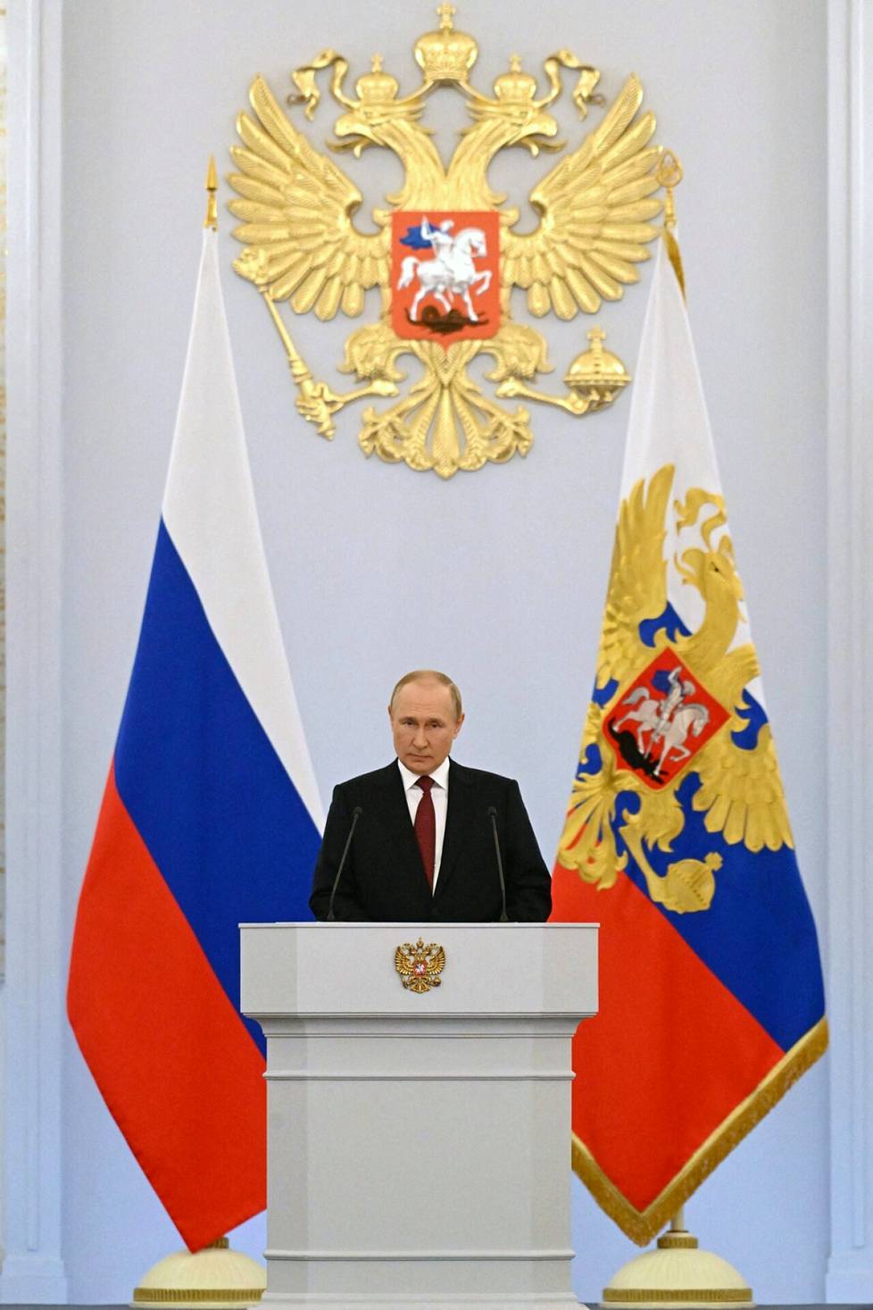 Presidentti Vladimir Putin liitti kansanjuhlassa Moskovan Kremlissä 30. syyskuuta 2022 Donetskin, Luhanskin, Zaporizzzan ja Hersonin alueet Venäjään.