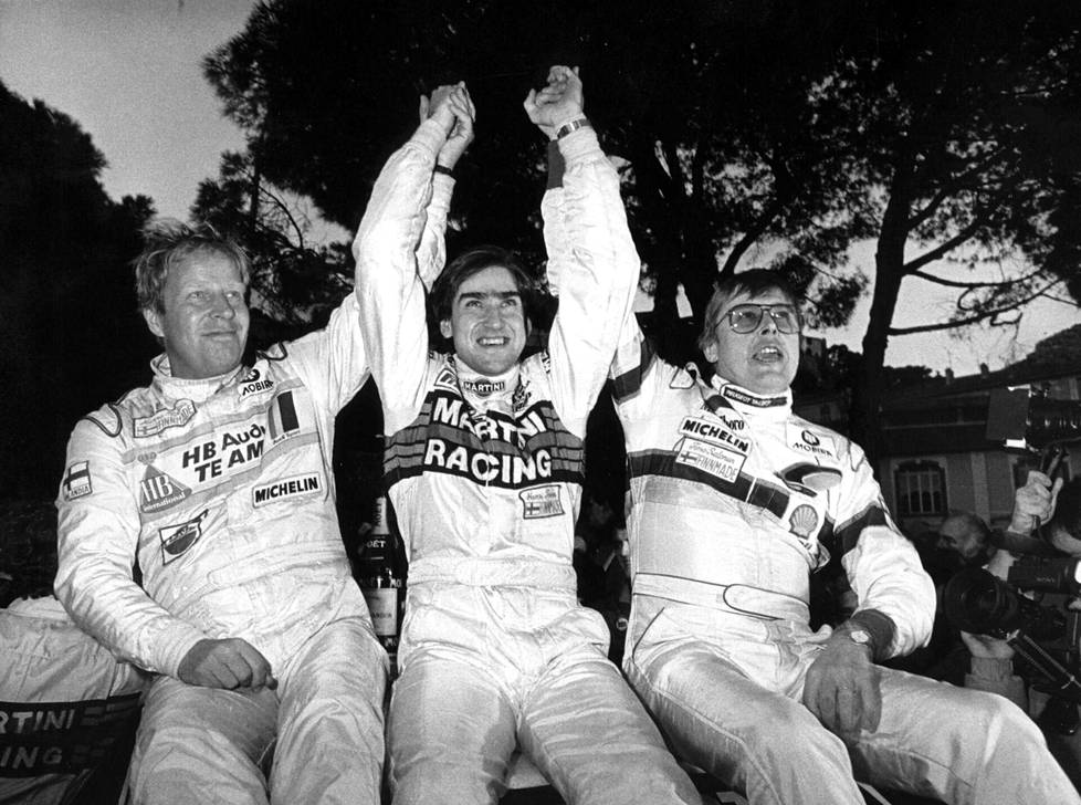 Henri Toivonen (kesk.) voitti, Timo Salonen (oik.) oli toinen ja Hannu Mikkola kolmas Monte Carlossa 1986.