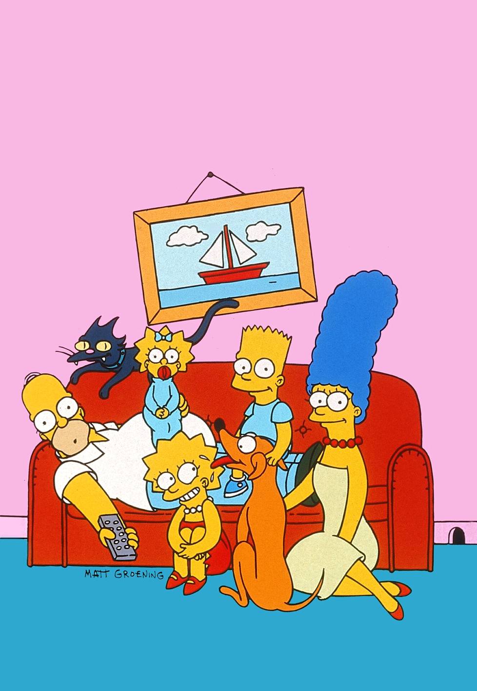 Simpsonien perhe sohvalla: Homer (vasemmalla), Maggie, Lisa, Bart ja Marge.