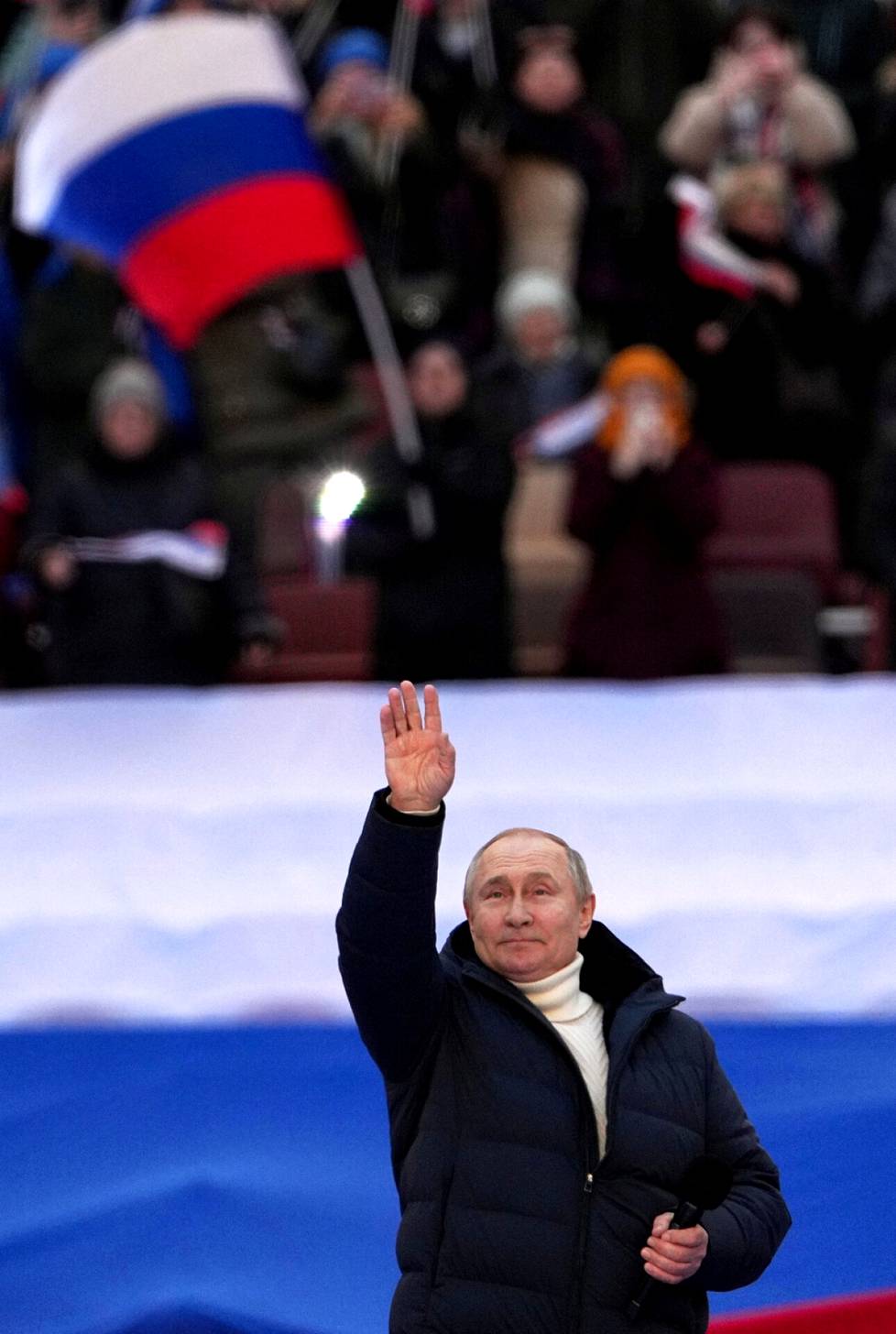 Putinin ensimmäinen julkinen esiintyminen sodan alkamisen jälkeen oli stadionpuhe Moskovassa maaliskuussa.
