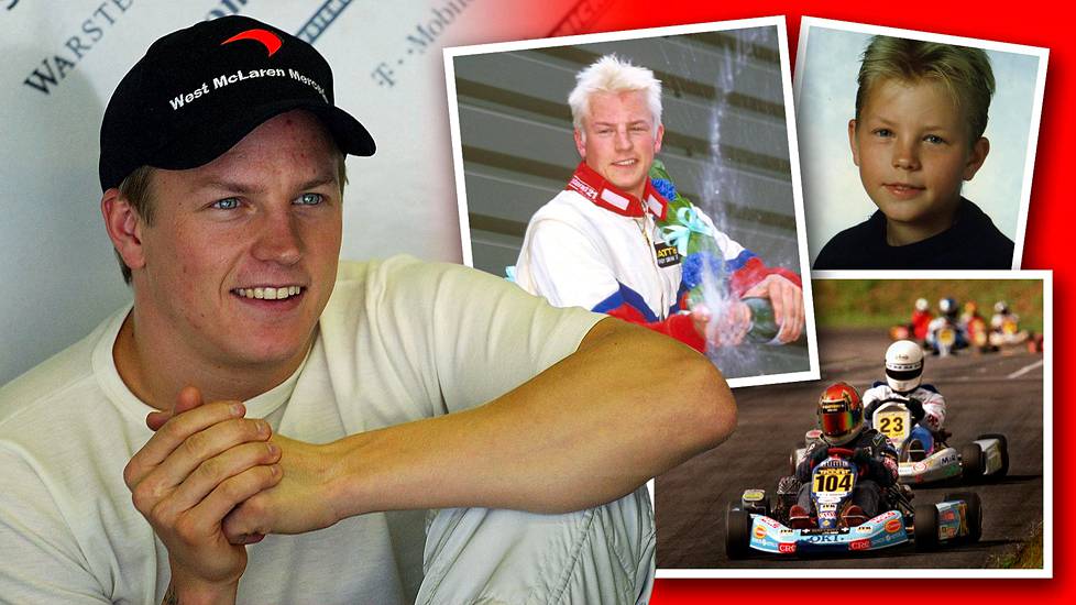 Kimi Räikkönen Japanin Suzukassa 2003, Englannissa 2000, kartingin SM-kisoissa 1998 ja koulukuvassa 1992.