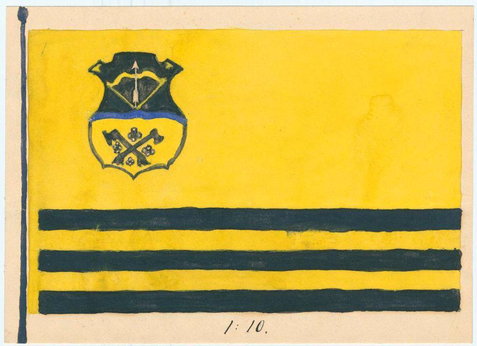 Kansallisarkistoon tallennettu piirroskuva Iisalmen suojeluskunnan lipusta.