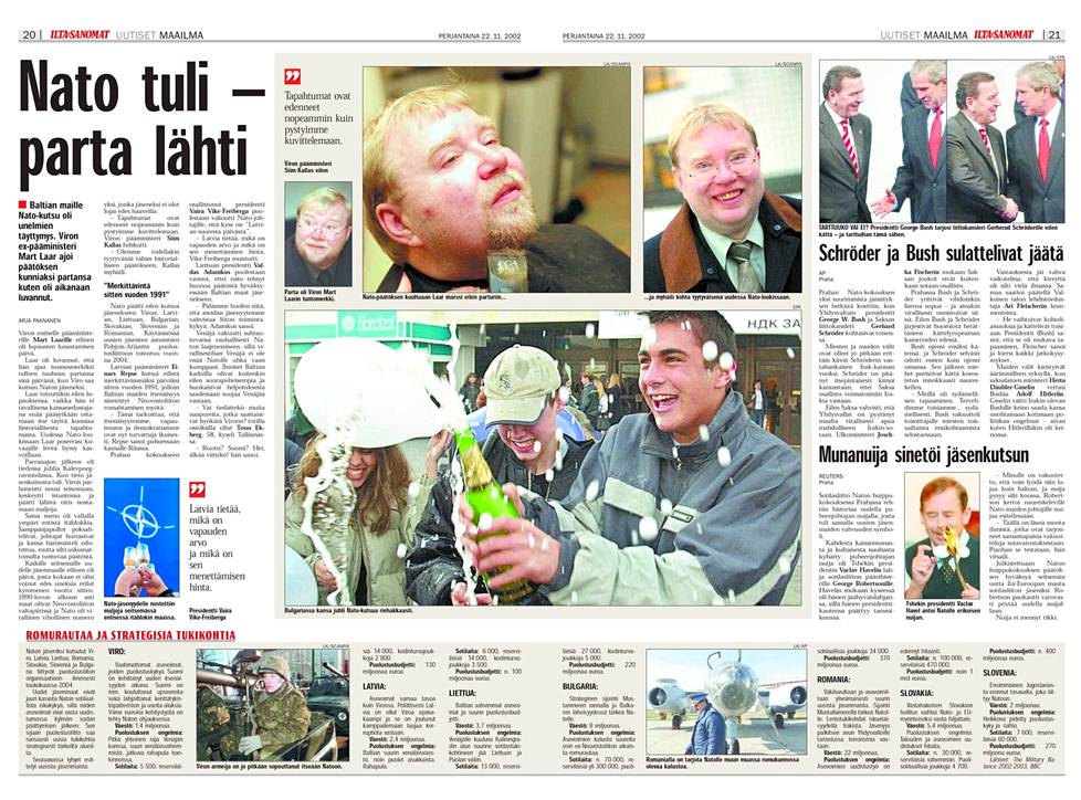 Ilta-Sanomat kertoi Baltian ja Itä-Euroopan Nato-kutsuista marraskuussa 2002.