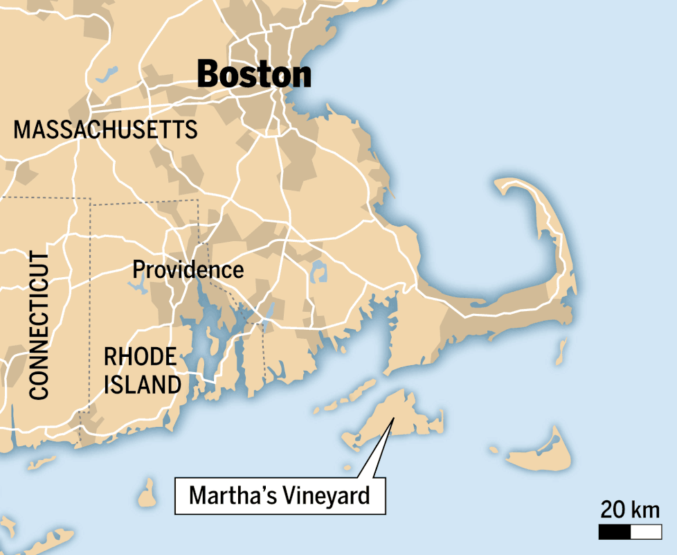 Martha's Vineyard sijaitsee Yhdysvaltain itärannikolla, Massachusettsin osavaltion edustalla