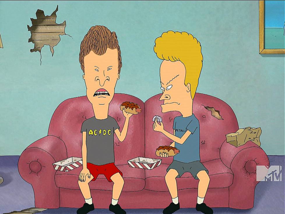 Beavis (oik.) ja Butt-Head -animaatiossa kaksi teini-ikäistä poikaa istuu sohvalla naureskellen musiikkivideoille.