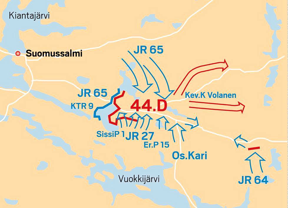 Suomalaisten hyökkäykset pilkkoivat 44. divisioonan Raatteen tiellä.