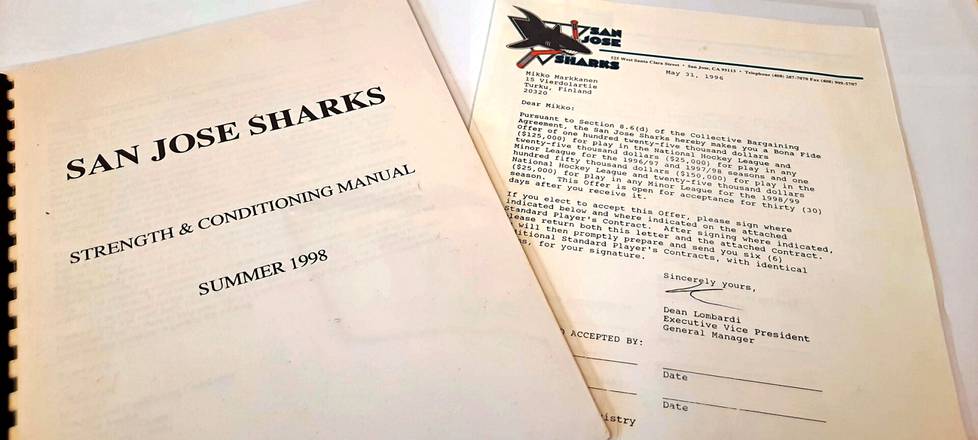 Mikko Markkanen kaiveli arkistojaan ja löysi Sharksin lähettämän sopimuspohjan ja kesäharjoitteluohjelman. Muuta San Josesta ei ikinä kuulunut.